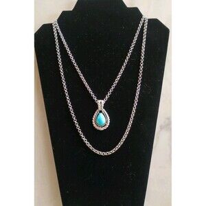 Vtg Signed AVON Blue Stone Teardrop Shape Pendant Double Chain Necklace